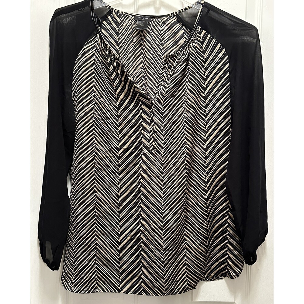 Ann Taylor Small Blouse Long Sleeve Top silky soft, black & Tan.